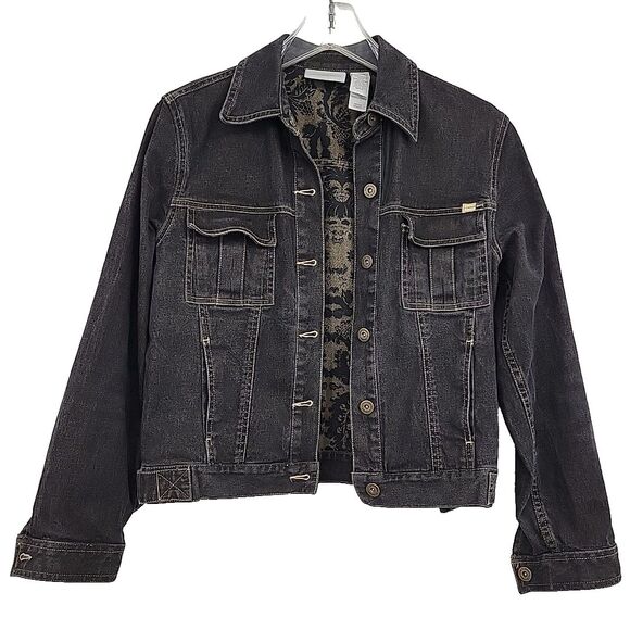Liz Claiborne Womens Black Denim Jacket Size Petite Small Lizwear - Picture 2 of 11